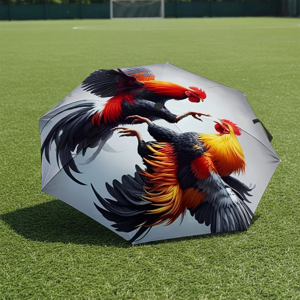 1P C Rooster Art Umbrella in Front of a White Mansion Print 8 Iron Ribs Folding Umbrella Auto-Open Fashion Sunshade