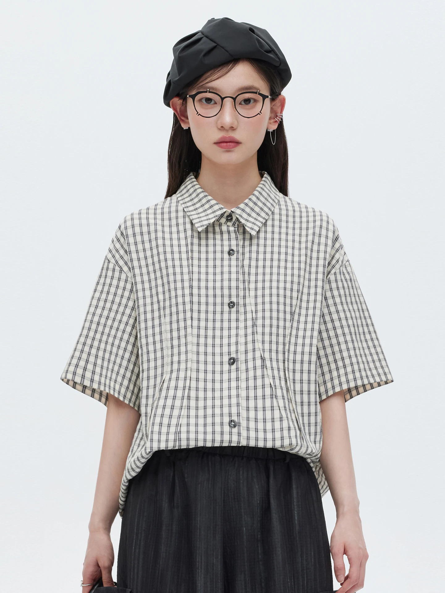 

Женская рубашка Queen Queen из хлопка и полиэстера в клетку с коротким рукавом, отложным воротником и спущенным плечом, в корейском стиле, для повседневной носки