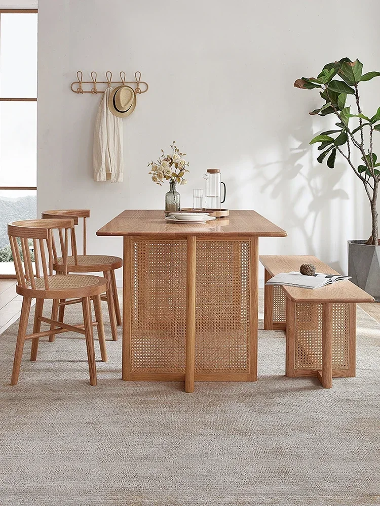 Dining Tables and Chairs Set Oak Simple Small Apartment Rattan Bench One Table Four Chairs Dining Table Small Apartment