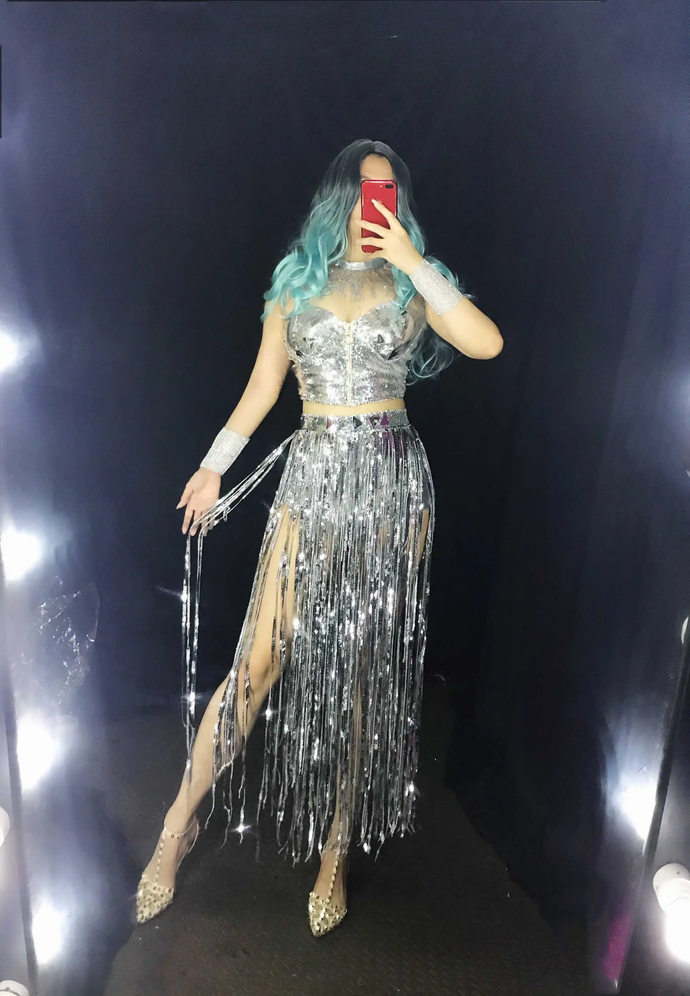 

Female Singer Party GOGO Dance Group Lead Stage Outfit New Bar DJDS Costumes Sexy Sliver Sequins Mirror Tassel 4pcs Suit Women