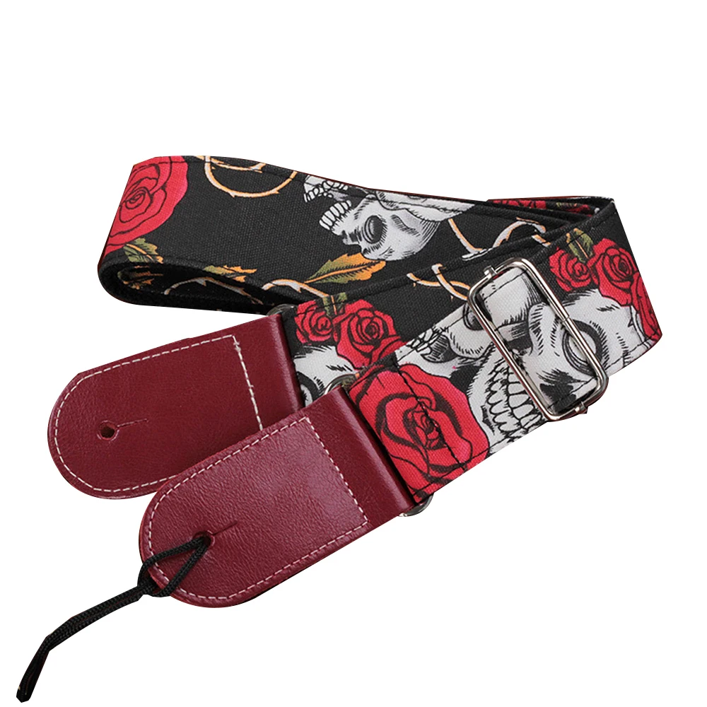 

Canvas Guitar Strap Adjustable Length Cartoon Rose Skull Pattern Cotton Guitar Instrument Accessories