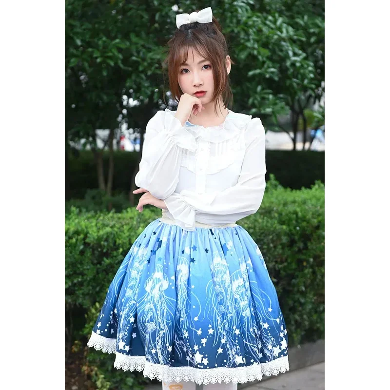 Ainclu الأصلي اليابانية لينة شقيقة الأزرق Acaleph قنديل البحر طباعة قصيرة الدانتيل الأميرة مطوي لوليتا تنورة هدية Soc if;3 #1