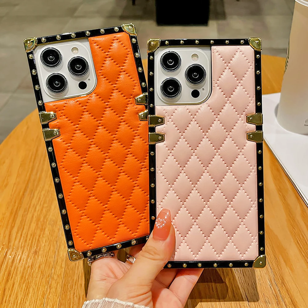 Leather Rhombic Lattice Square Phone Case For Samsung Galaxy S23 S22 S21 Plus Ultra S20FE Note20 10 Pro Metal Protect Back Cover image 3