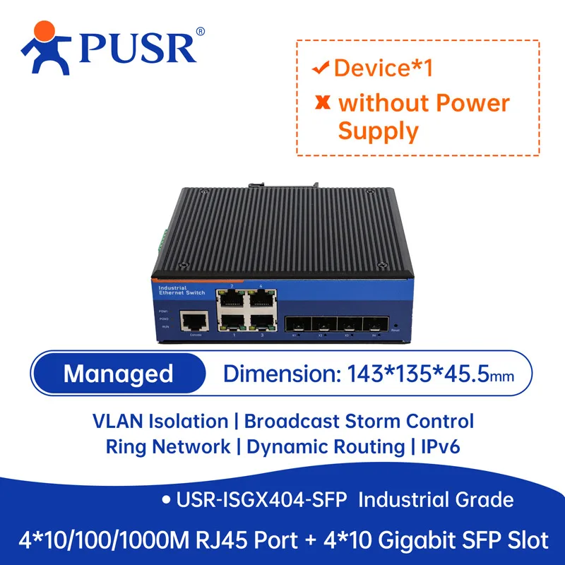 

PUSR Layer3 4 SFP (10G) | Промышленный коммутатор Ethernet 4/8/24 RJ45 10/100/1000 серии USR-ISGX