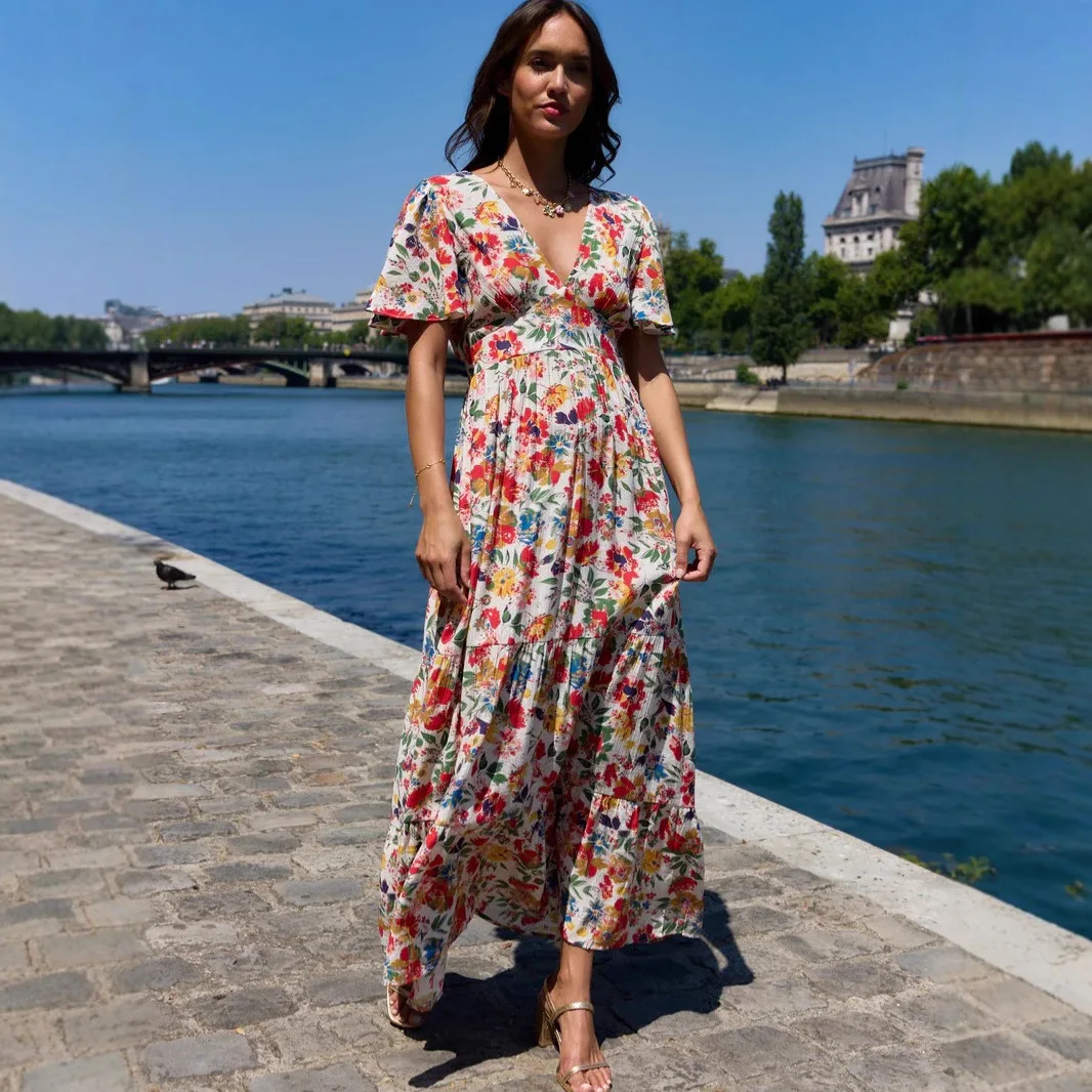 

Flowers Print Long Dresses Women French Elegant Short Sleeves V-neck Backless Maxi Dress Summer Vacation Style Vestidos Female