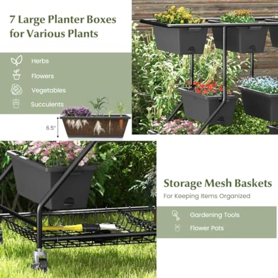 Elevated rolling garden bed for strawberries, vegetables, flowers, herbs; galvanized steel; black; 7 planter boxes, storage bas view 4