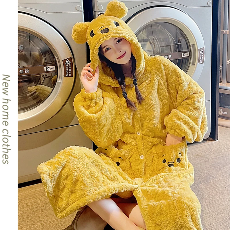 Flannel pajamas for women winter new sweet and lovely cartoon long sleeve robe and pants home wear two pieces