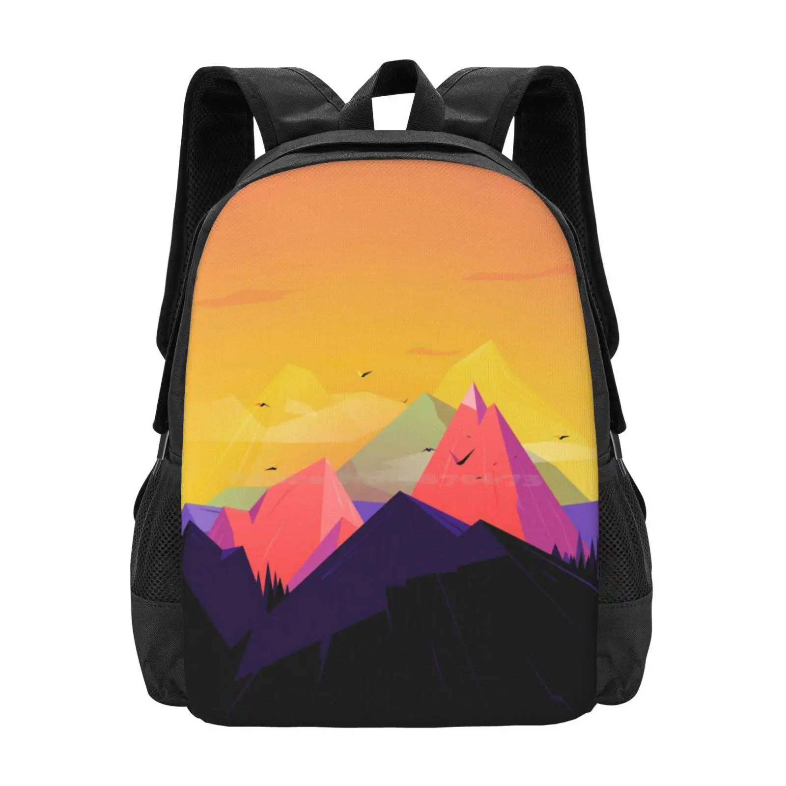 Oh The Mountains Hot Sale Schoolbag Backpack Fashion Bags Mountains Landscape Colorful Hill Low Poly Gradients Trees Sunset