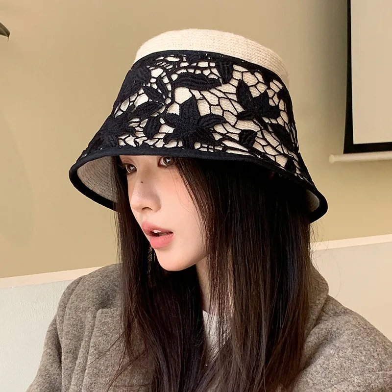 

Japanese Retro Hollow Printed Bucket HatS Autumn and Winter HatS Women's Windproof Washbasin Hat Outdoor Casual Warm Hat