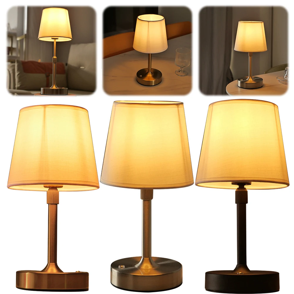 Cordless LED Metal Table Lamp USB Rechargeable 5200mAh Portable Fabric Shade Desk Lamp 2200K Warm Light Bedside Dining Room Lamp