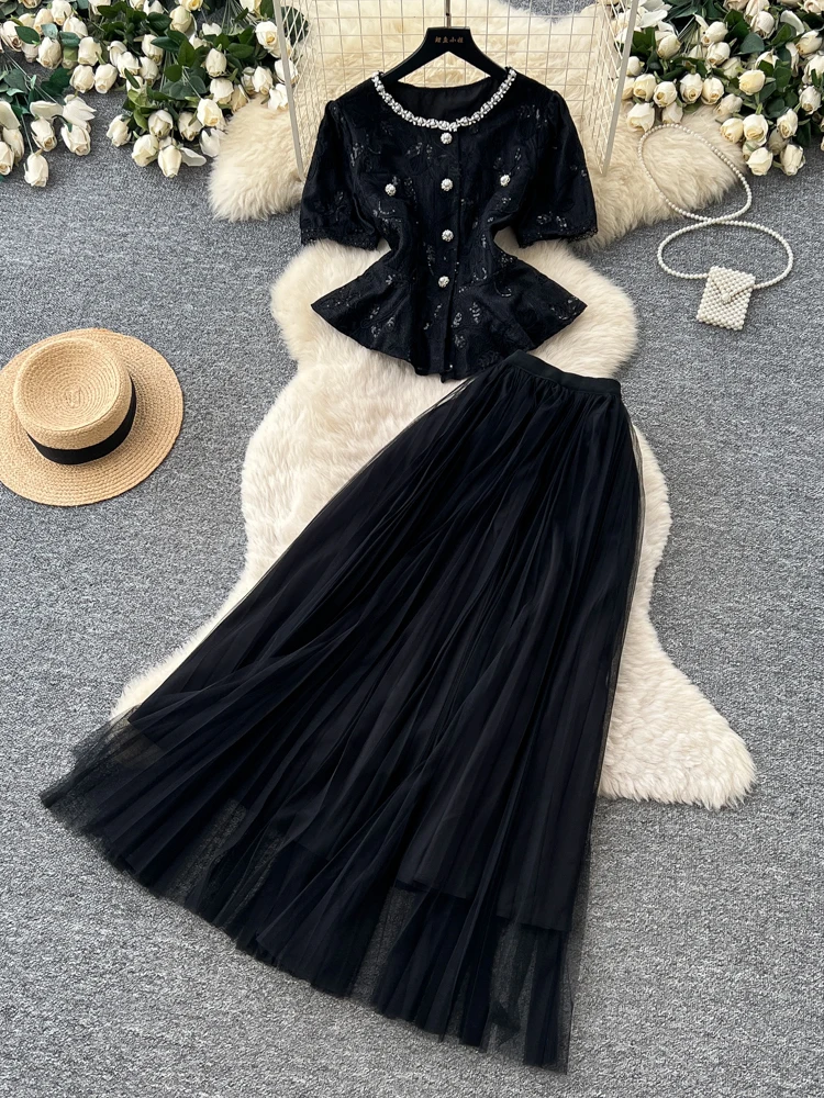 Elegant Lace Beaded Long Skirt Set Women's Summer Slim Fit High Waist Mesh Two Piece Set Commute Style Fashionable Casual Wear