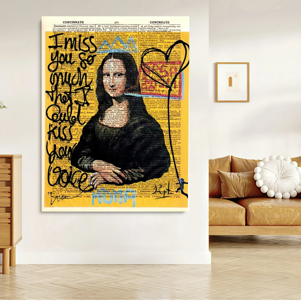 Creative Mona Lisa Graffiti Impressions Wall Art Poster Newspaper Text Home Decor Canvas Painting Murals Pictures Prints Artwork