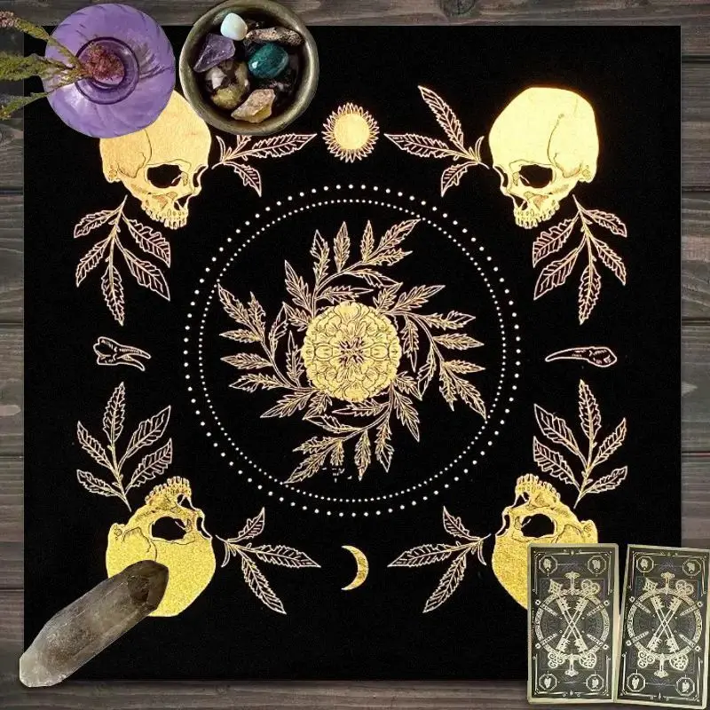 VIKAMA Black Gold Viking Rune Tarot Tablecloth, Mystical Divination Altar Cloth Ritual for Spiritual Room Decor, Witchy