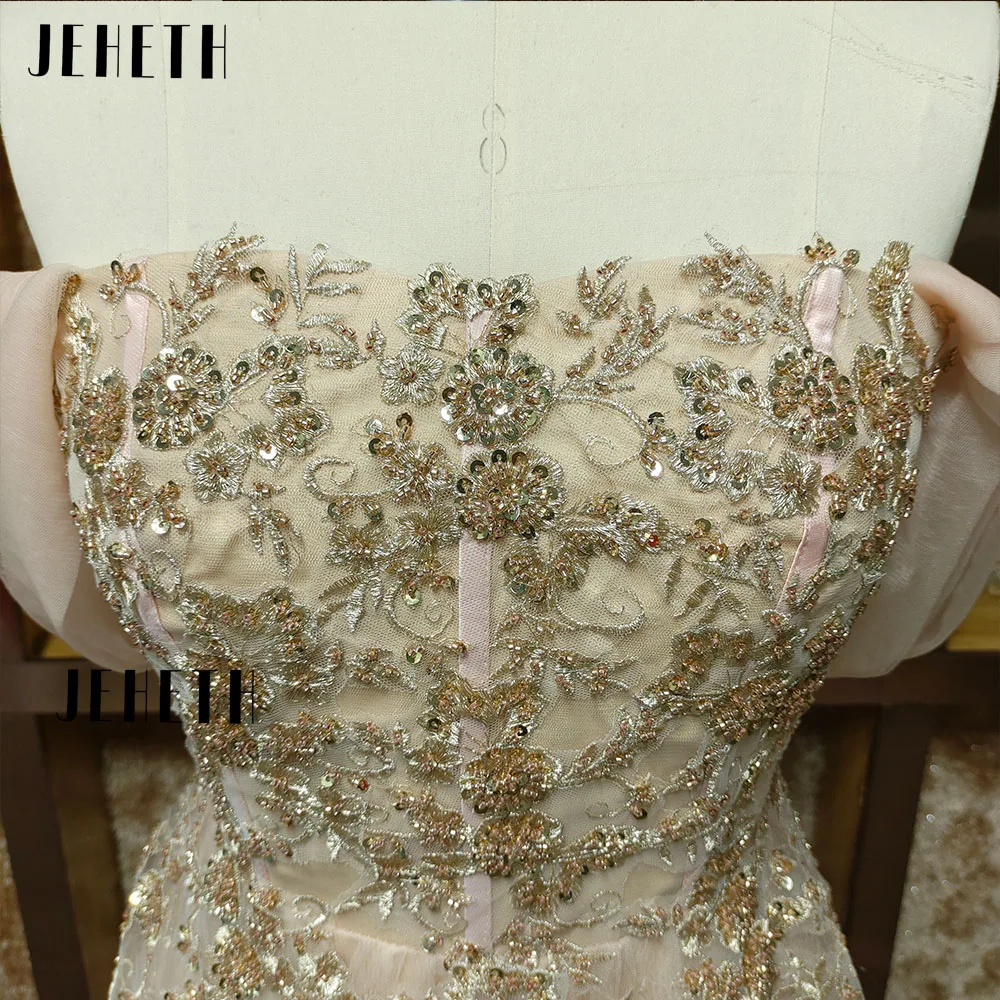 JEHETH Elegant Off The Shoulder Evening Dress 2023 Glitter Lace Applique A Line Prom Dress High Side Split Tulle Party Gown