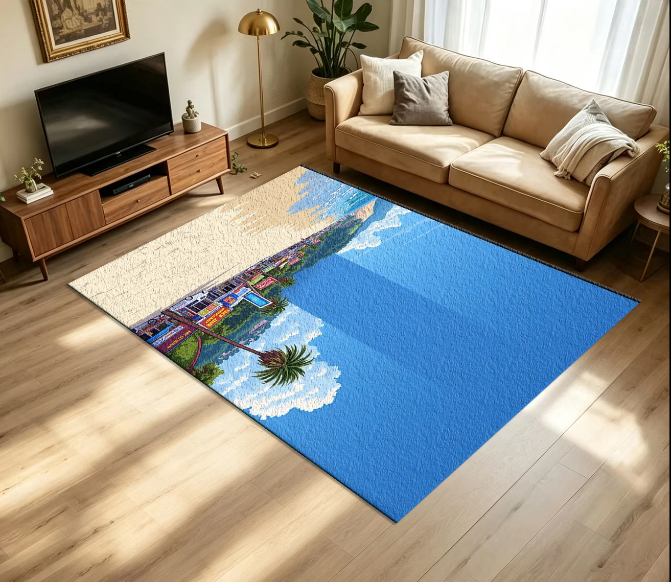 Anime Tropical Beach Coast Town Palm Tree Carpet Flooring Summer Scenery Floor Rug