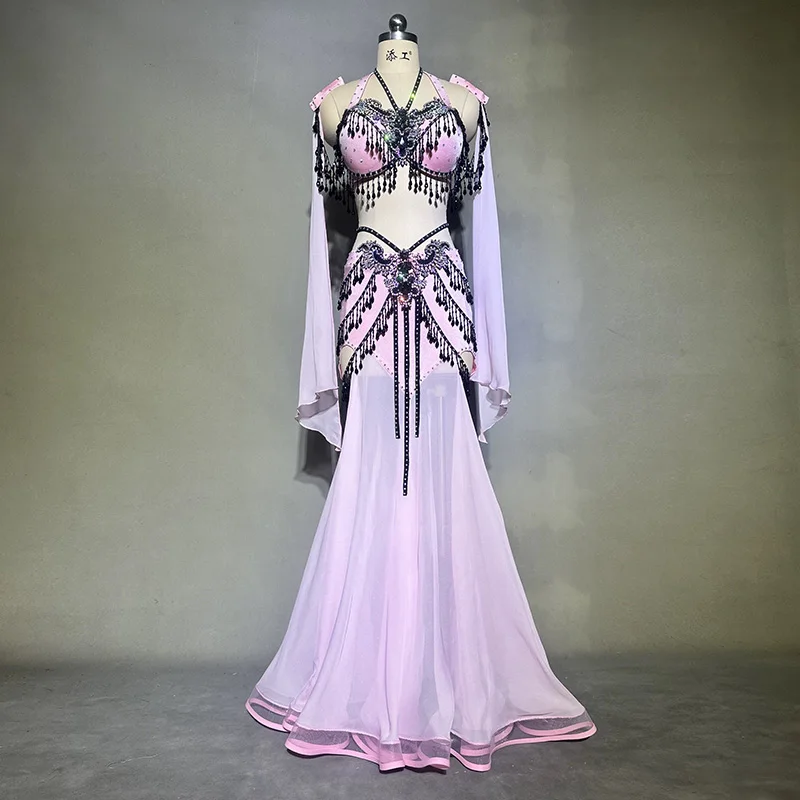 

Belly Dancer Tassel Chiffon Performance Set for Adults Customized Oriental Dance Professional Competition Costumes with Sleeves