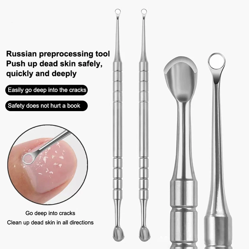 New·2 In 1 Nail Pusher Stainless Steel Cuticle Proposed Remover Clean Dead Skin Circle Bevel Shovel Manicure Exfoliation Tool