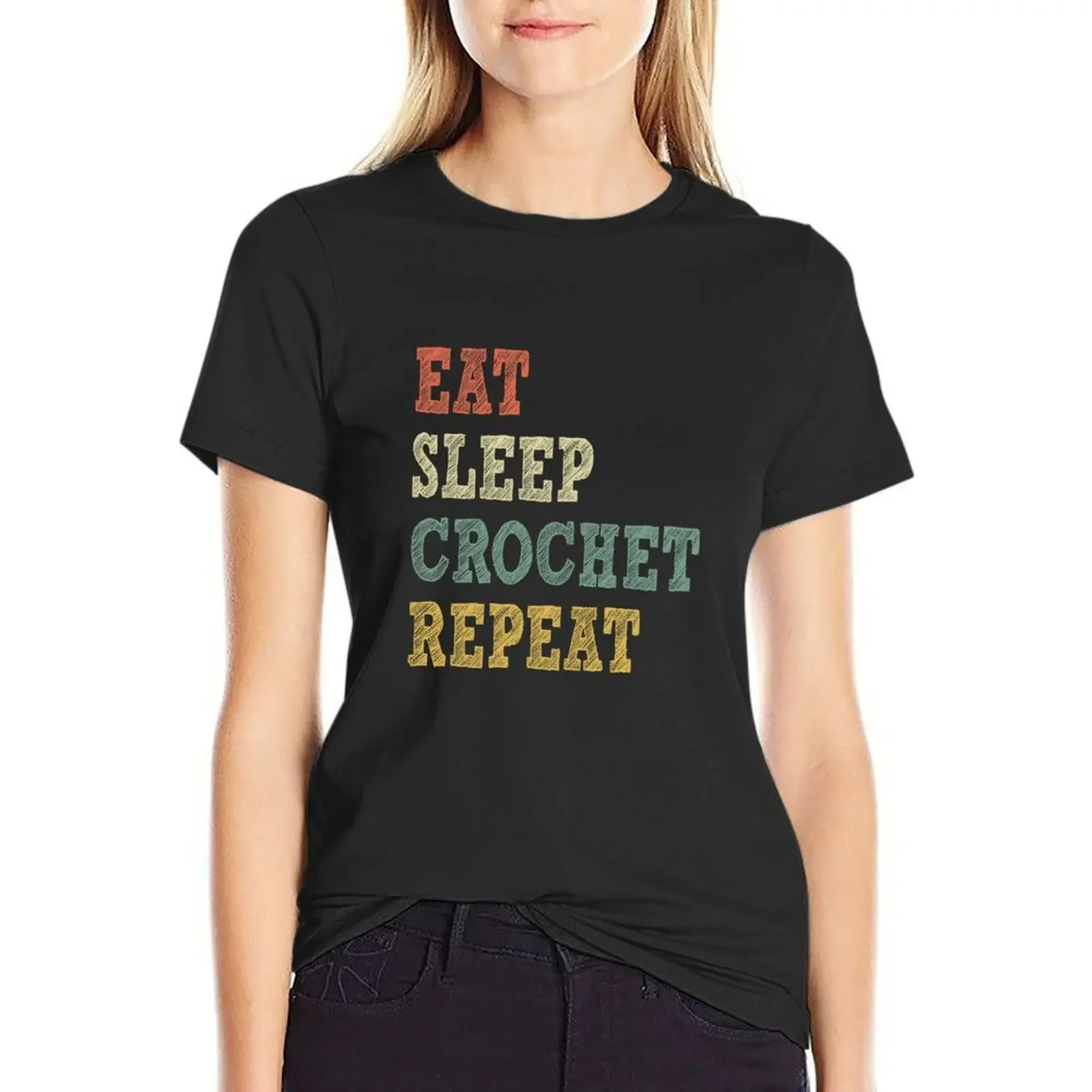 

Eat Sleep Crochet Repeat Funny T-Shirt animal prinfor anime summer tops sweat fashion woman blouse 2025