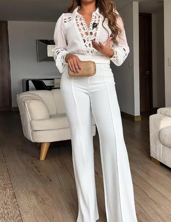 2025年 レディース ターン ダウンカラー オーバーラップ Vネック コントラスト レース ジャンプスーツ カジュアル ハイウエスト シーム フロント ワイドレッグ ジャンプスーツ ベルトなし