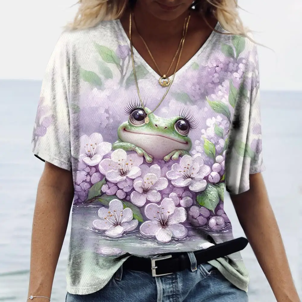 Frog Floral Pattern 3D Print T-Shirts Women Streetwear V-Neck Short Sleeve T Shirt Y2k Harajuku Tees Casual Tops Female Clothing