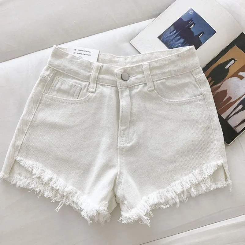 2026 New Summer Women High Wiast Raw Hem Denim Shorts Soild White Black Blue Korean Wide Leg Pants Mon Shorts