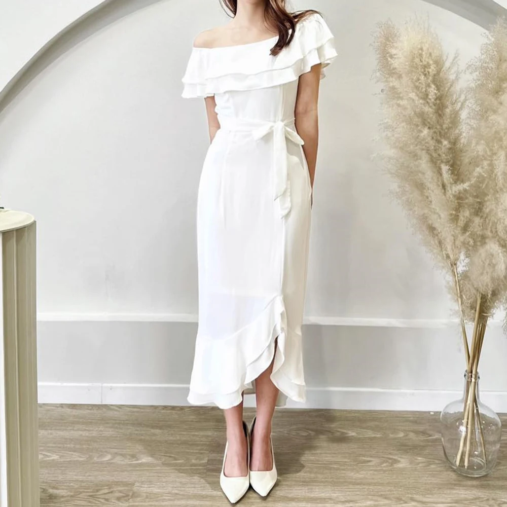 

Customized A-line Evening Dresses Tea-length Off The Shoulder Sleeveless Prom Gown Simple Fashion Sashes Draped Party Gown