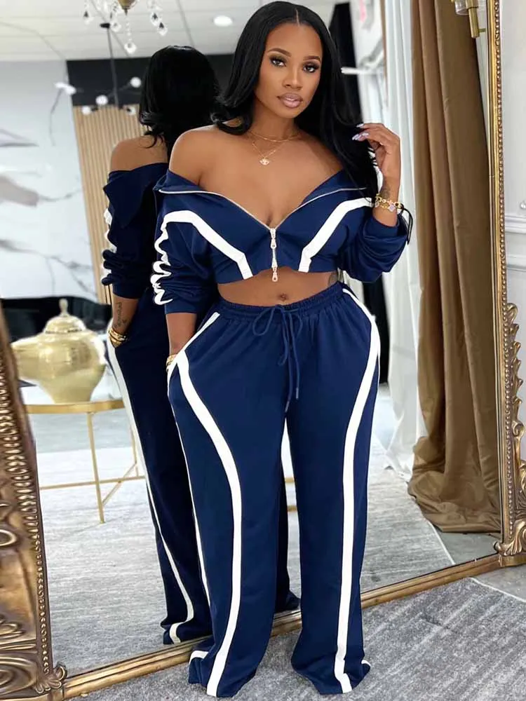 

MCDV Fashion Stripe Patchwork Women's Set Lapel Long Sleeve Zip Crop Jackets And Drawstring Pants 2 Piece Set Casual Tracksuits