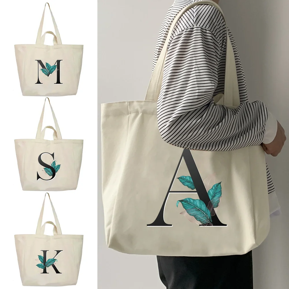 Fashion Canvas Carry Tote Leaf Letter Print Shopping Bag Beach Storage Handbag for Weekend Outing