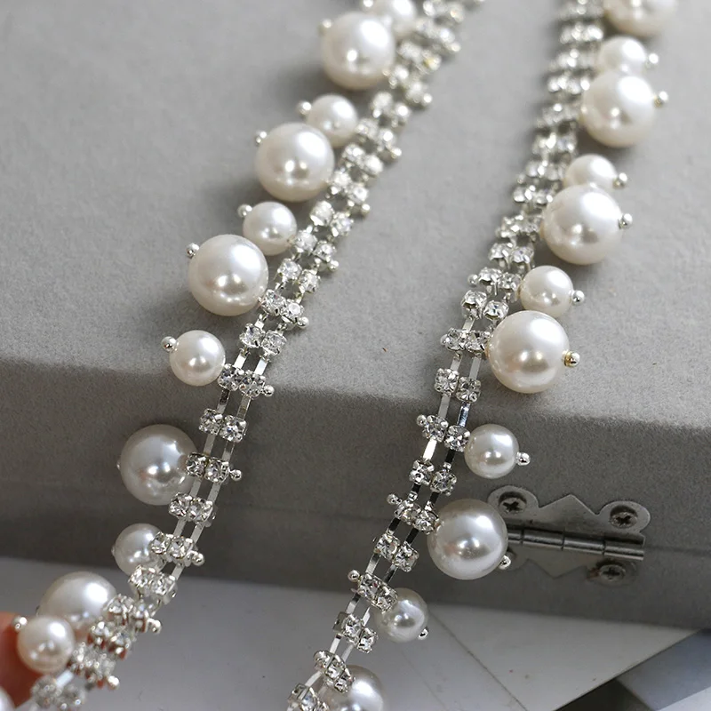 New Style Pearl Rhinestone Cup Chain Sew on Rhinestone Mesh Trim for Wedding Dress Shoes Bags Jewelry Decoration