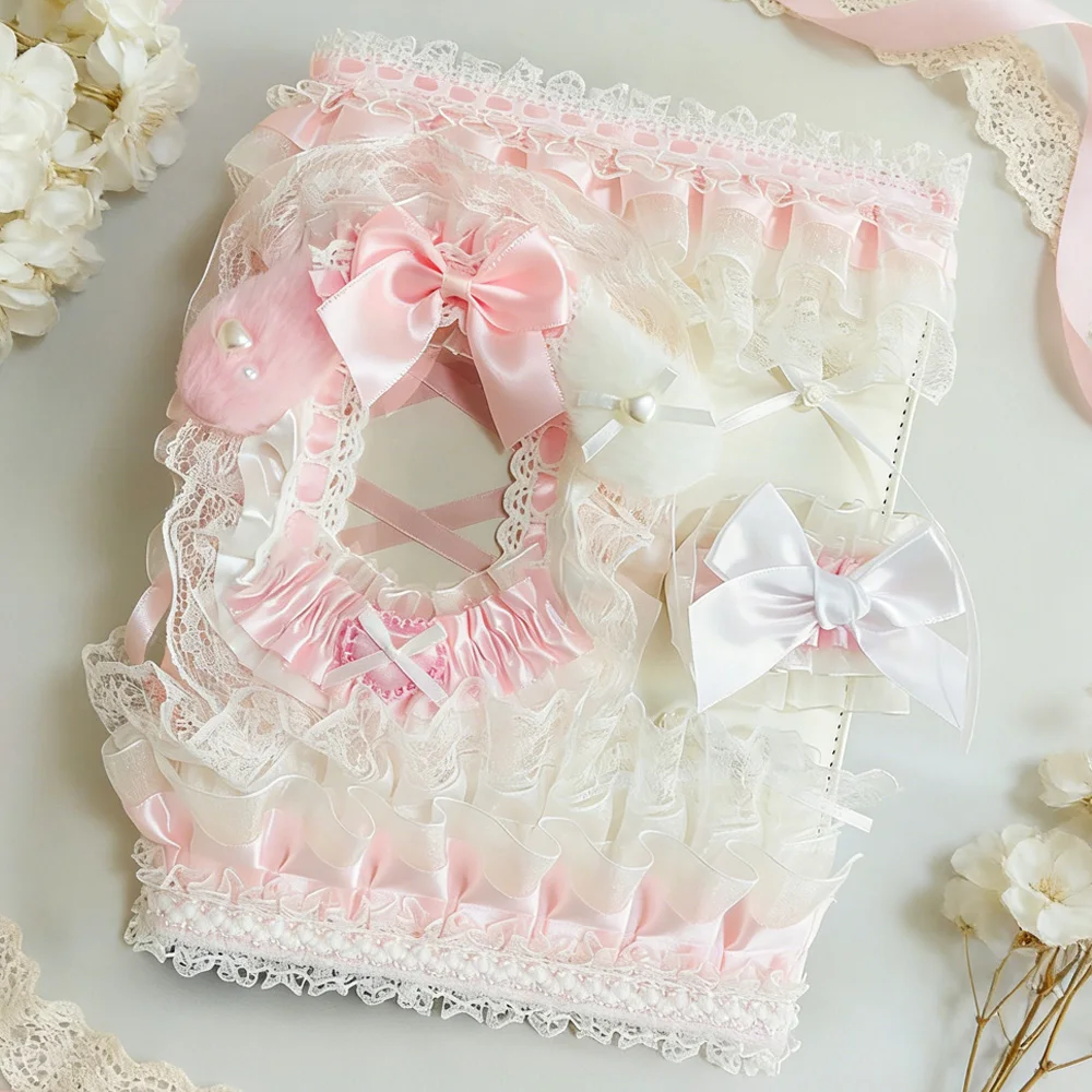 Cute Aesthetic Pink A5 Binder Kawaii Lace Photocard Holder with Plush Ears Bow PU Cover for Kpop Idol Anime Cards Refillable