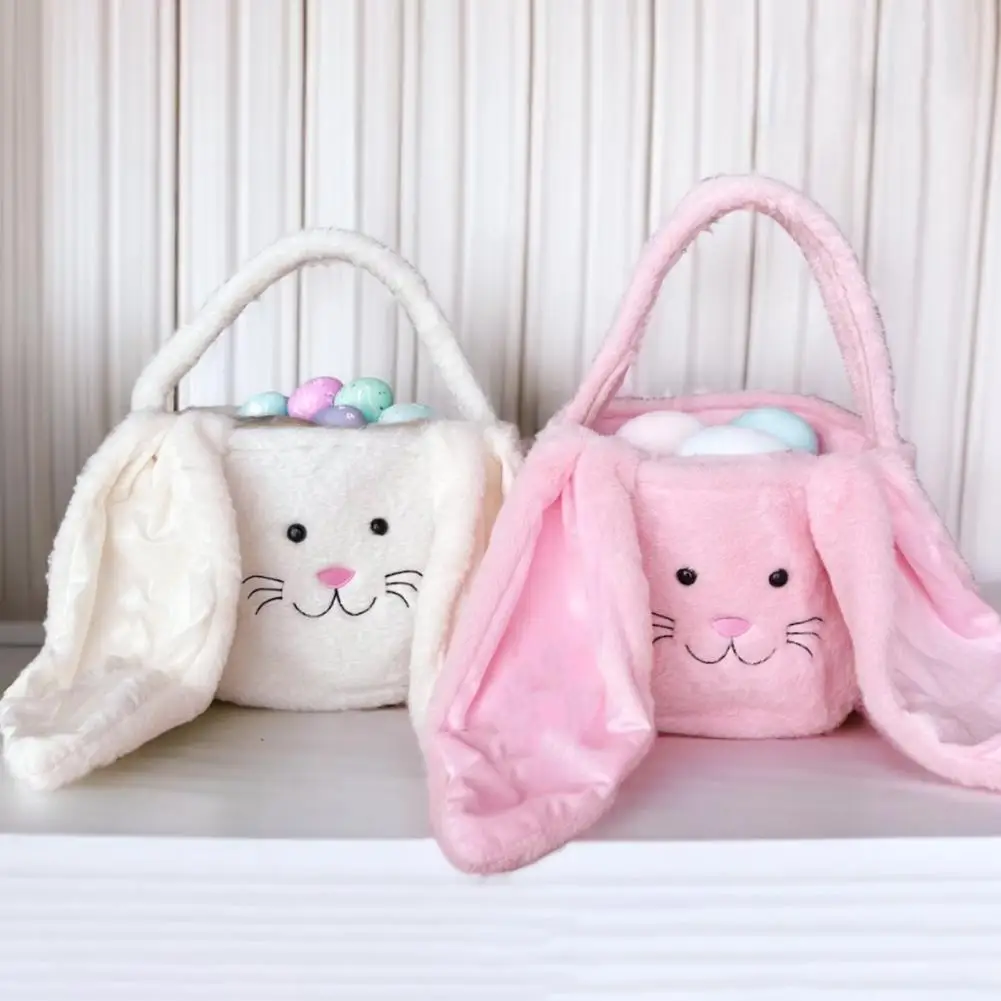 

24*21cm Easter Basket Fur Bunny Decor With Fluffy Ear Plush Rabbit Easter Egg Container Bucket Kids Gift Treat Bag For Children