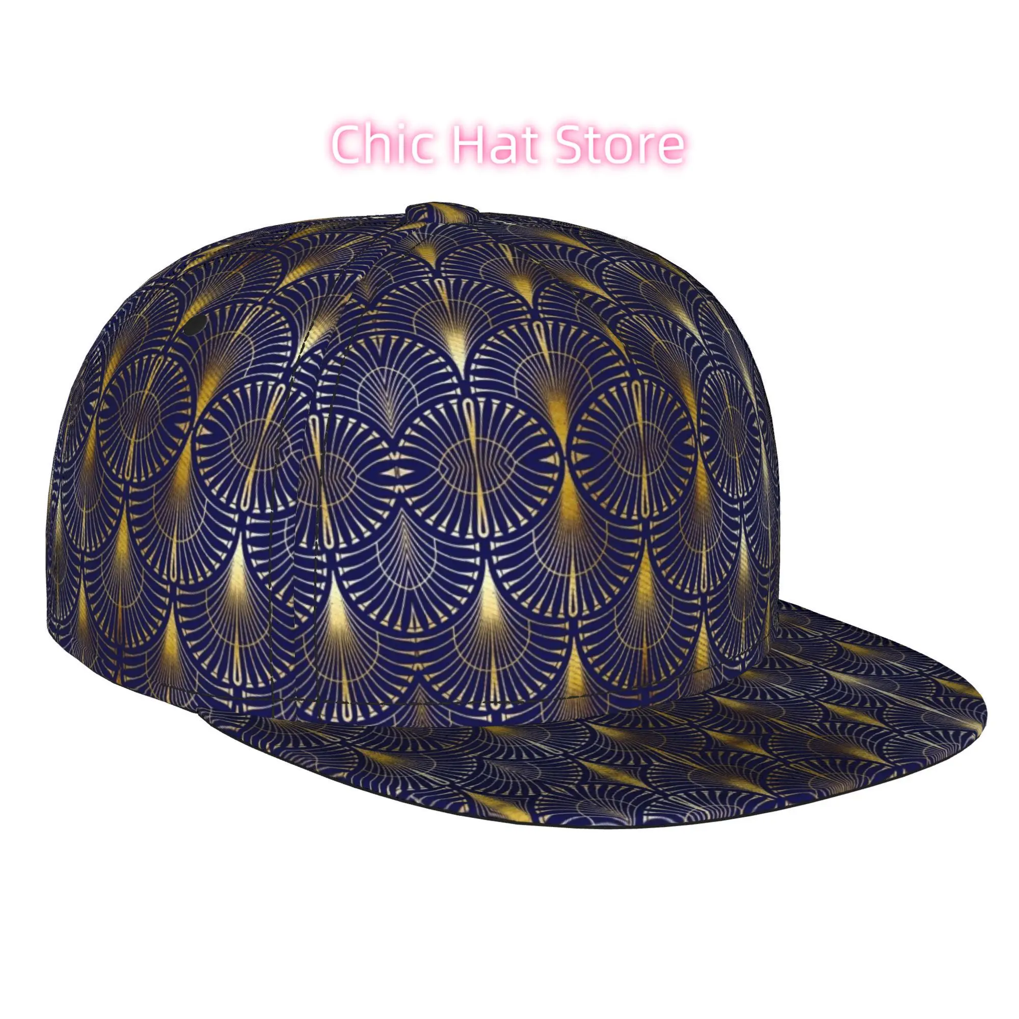 1pc Art Deco Golden Fan Repeat Pattern Fully Printed Hip-Hop Caps, Baseball Caps, Stylish Flat-Brimmed Baseball Caps, Sports Out