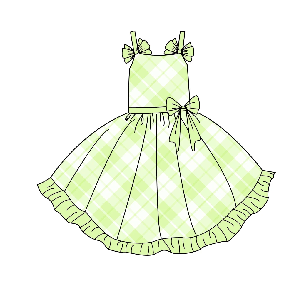 Hot-selling girls' dress spaghetti strap dress adorned with bow flowing skirt with ruffles lattice print wholesale
