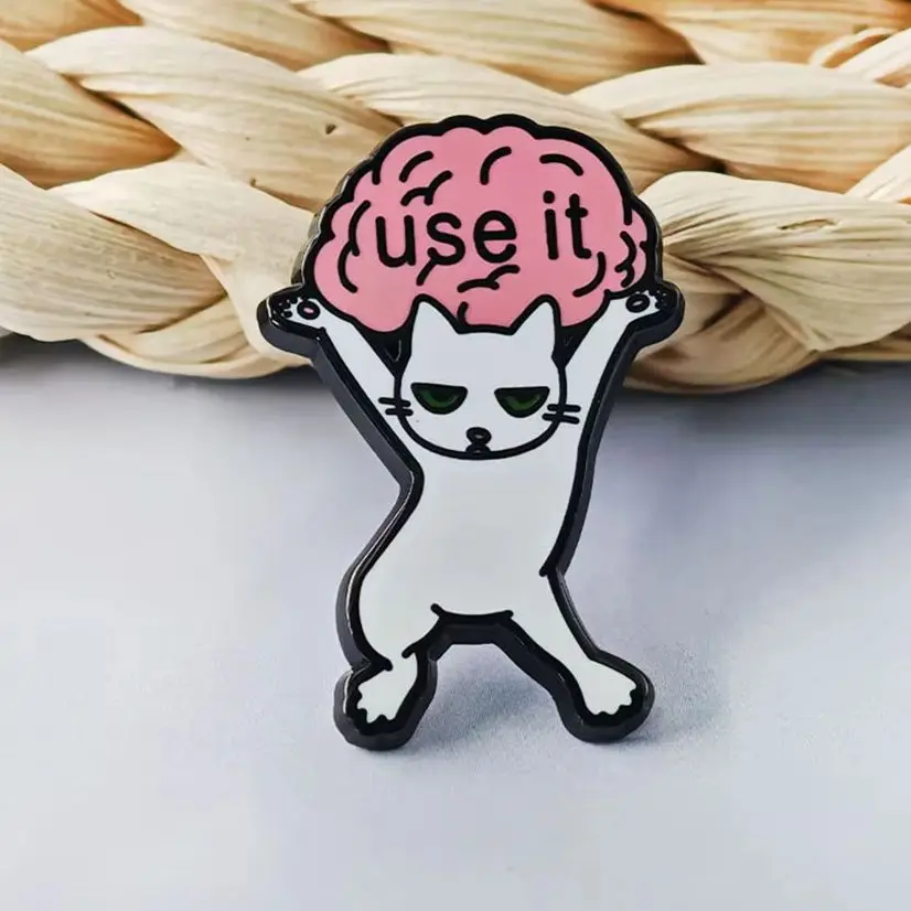 Funny Cat Use It Brain Enamel Pins Sarcastic Meme Brooches Cute White Kitten Metal Badges Backpack Lapel Pin Jewelry Gift