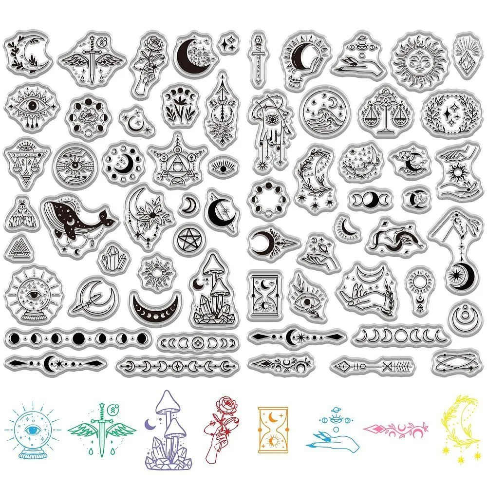 2 Styles Divination Rubber Stamps Moon Phase Transparent Stamps Gothic PVC Reusable Magic s Hand Vintage Clear Stamp Seals
