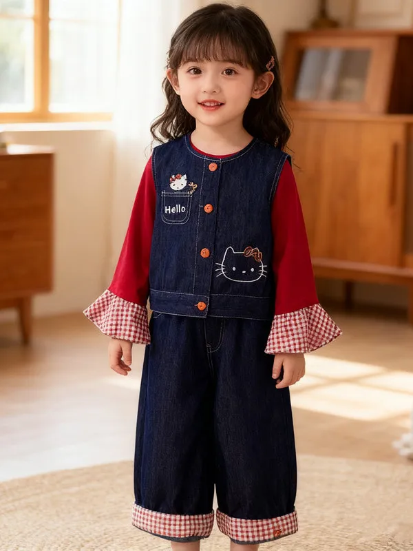 

Комплект из джинсовой жилетки с вышивкой и футболки для девочек, осенняя коллекция 2025, повседневный костюм из двух предметов, детская одежда, круглый вырез, длинный рукав, повседневный стиль...