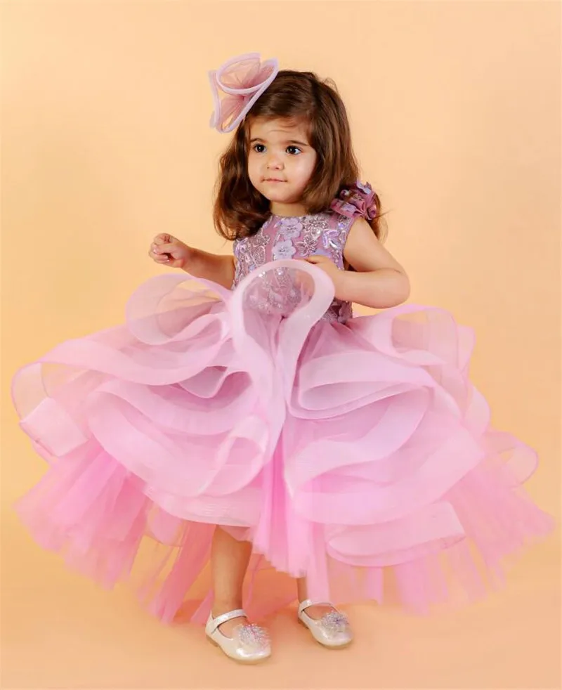 New Pink Flower Girl Dress for Wedding Fluffy Organza High Low Princess Party Prom Gown Embroidered Birthday Party Dress