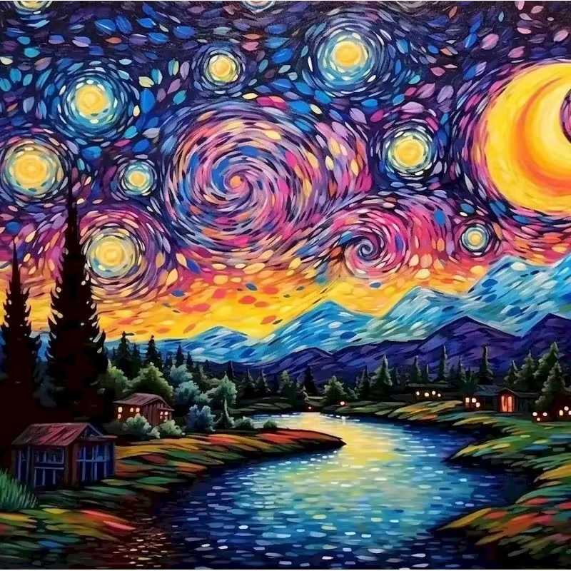 

Van Gogh Style Swirl Starry River Valley Jigsaw Puzzle, Moon Mountain Stream Cabin Pine Tree Colorful Night Sky Wall Decor