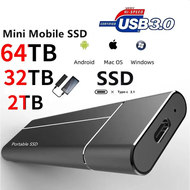 New 2TB High-speed USB3.0 Portable SSD 4TB 8TB 16TB 32TB 64TB External Solid State Hard Drive Mobile SSD 1TB For Laptops