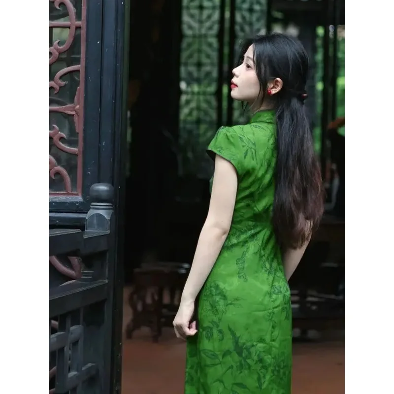 Elegant Green Stand Collar Printed Slim Cheongsam Dress Women's Clothing Summer Improved Vintage Short Sleeved Dresses Qipao