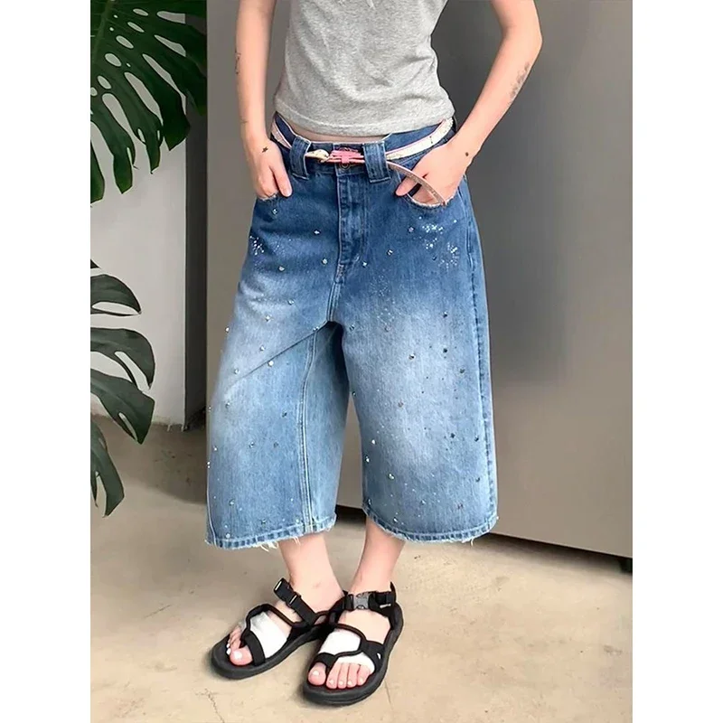 Y2k Streetwear Vintage กางเกงยีนส์กางเกงขาสั้นผู้หญิงฤดูร้อนล้างกางเกงยีนส์เอวสูงอเมริกัน Retro Aesthetic 2000s กางเกงขากว้างเสื้อผ้า