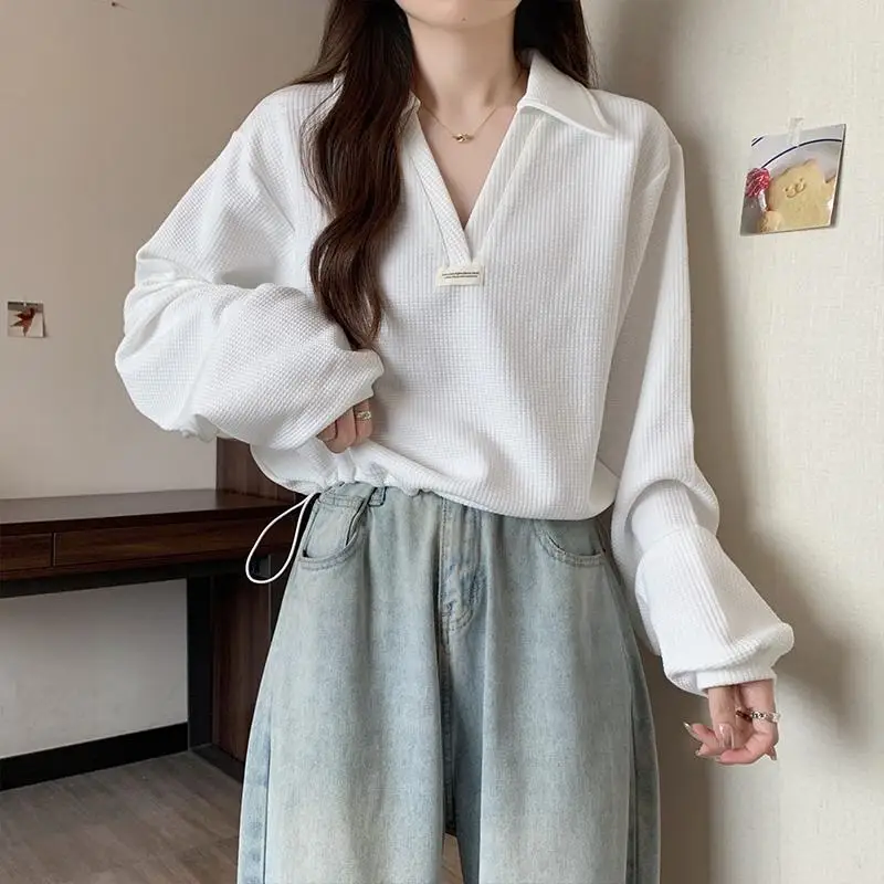 Women's Clothing Korean Polo-Neck Sweatshirts Fashion Drawstring Waist Spring Autumn Loose Basic Casual Long Sleeve Pullovers