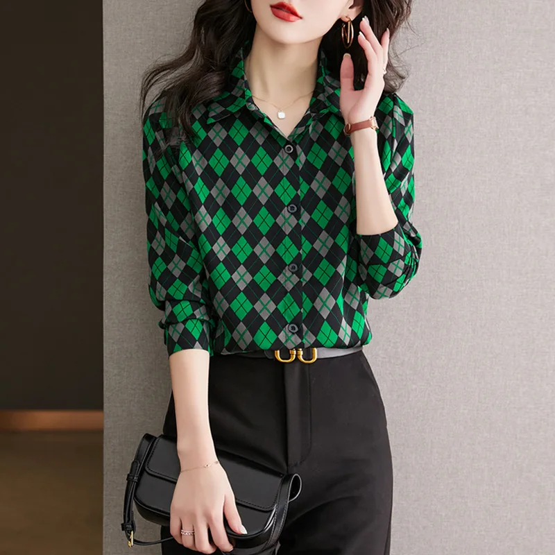 

Women's Long-Sleeved Checked Shirt, Chiffon Top, Hong Kong Style, Girl Trend, Commuting, Spring, New, 2023