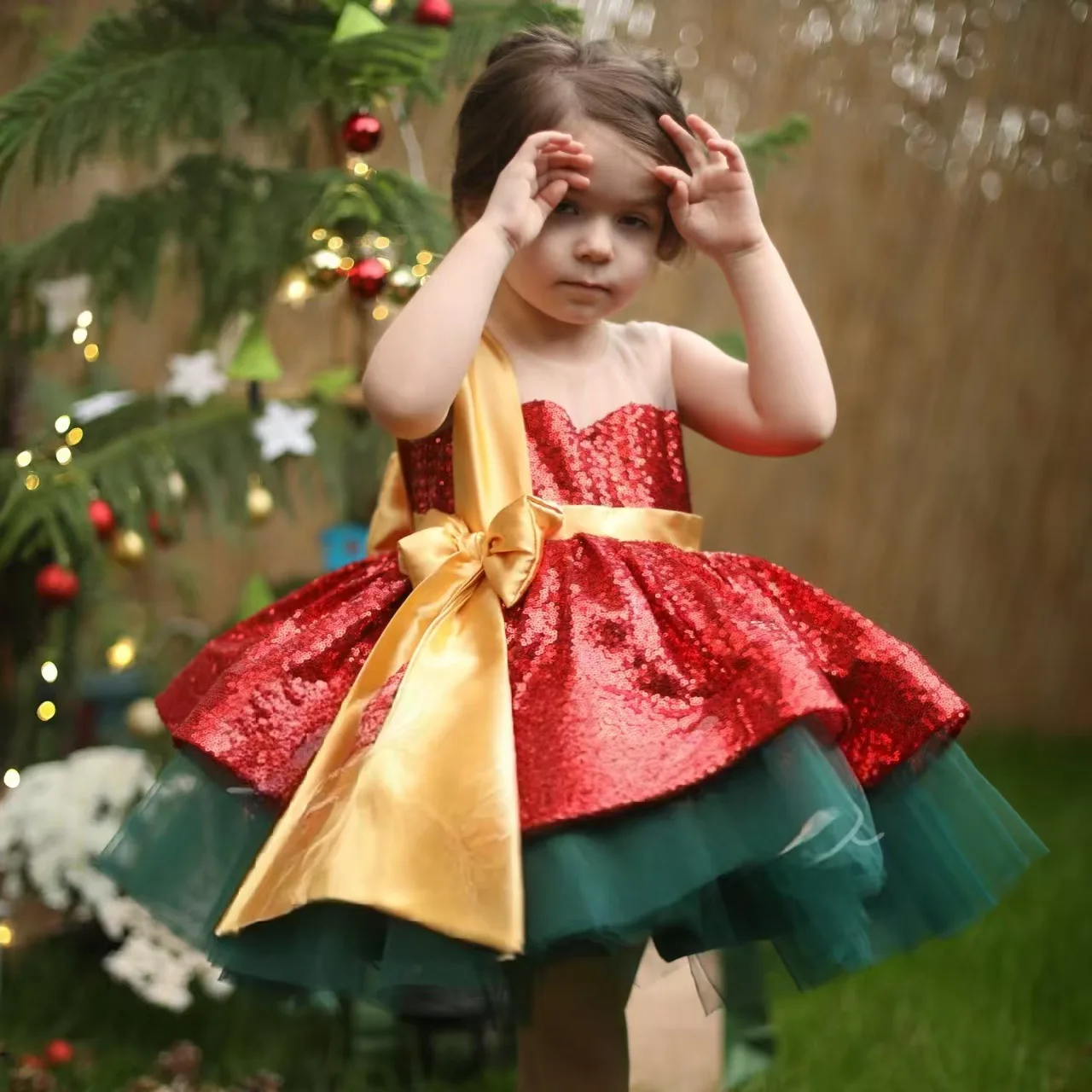 Flower Girl Dress New Christmas Green Birthday Princess Dress Sleeveless Dress Halloween Bow Graduation Prom Dress Customized