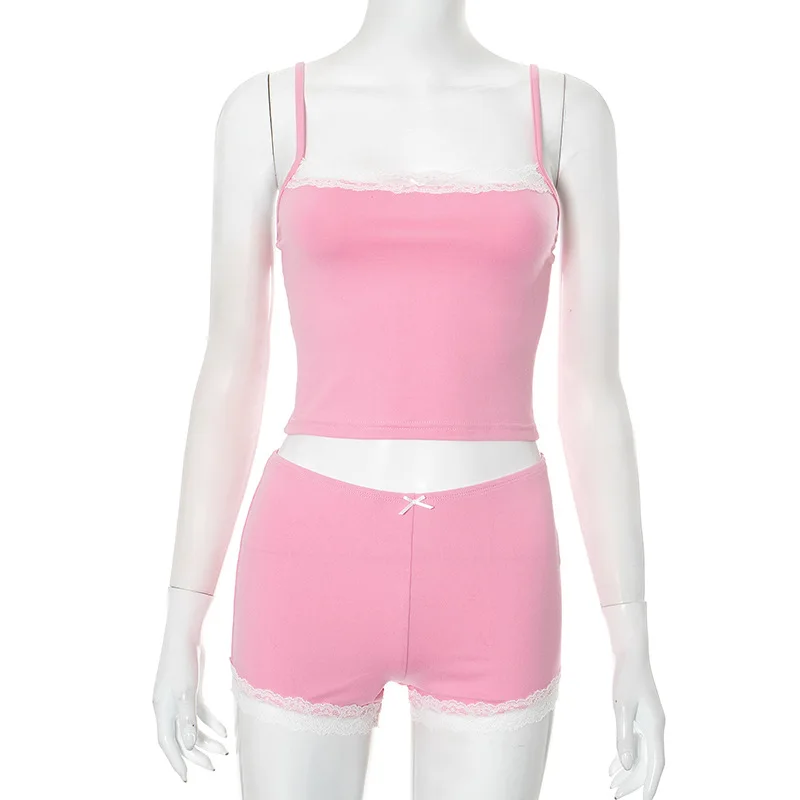 Bogen Spitze Patchwork Sommer Casual 2-teiliges Set Frauen Sexy Solide Leibchen Crop Tops + Passenden Shorts Hause Kleidung Anzüge trainingsanzug