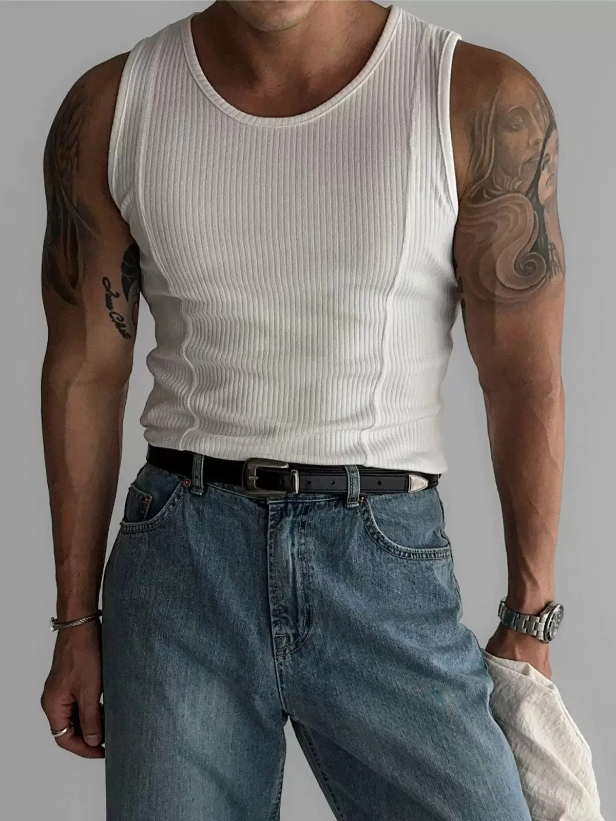 High Elasticity Fitness Tank Top with Vertical Stripes No Sleeve Workwear Style Quick Dry Cooling Men's Inner Wear round Neck