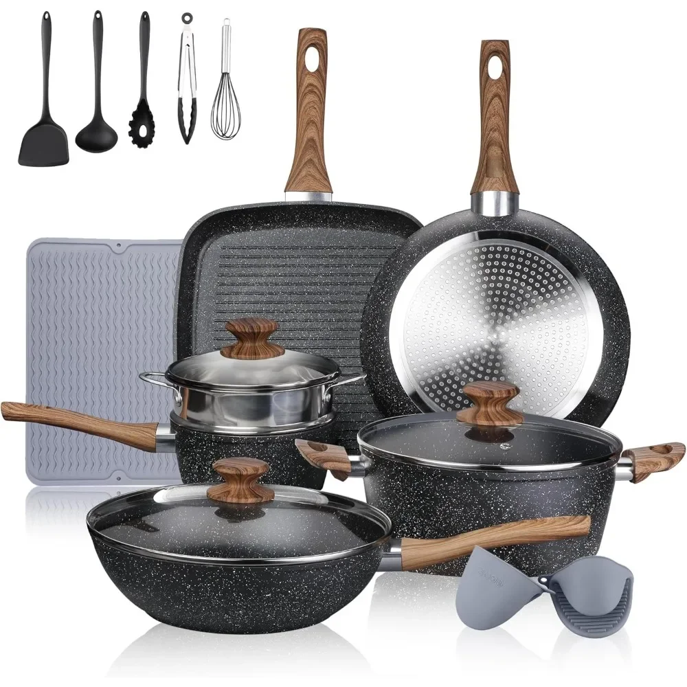 

Nonstick Cookware Sets - 16 Pieces Pots and Pans with Utensils and Steamer, Nonstick Cast Aluminum Kitchen Cookware with Bakelit