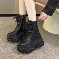 NEW Women Platform Motorcycle Boots Thick Bottom Non Slip Chunky Combat Booties Woman 8.5CM Heels Leather Punk Ankle Botas Mujer