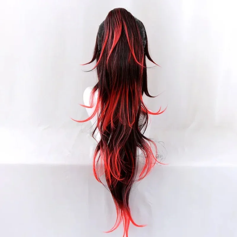 25COSKimetsu No Yaiba Kokushibou Cosplay perruque noir rouge Ombre queue de cheval résistant à la chaleur cheveux Halloween Costume accessoire tatouage + perruque C