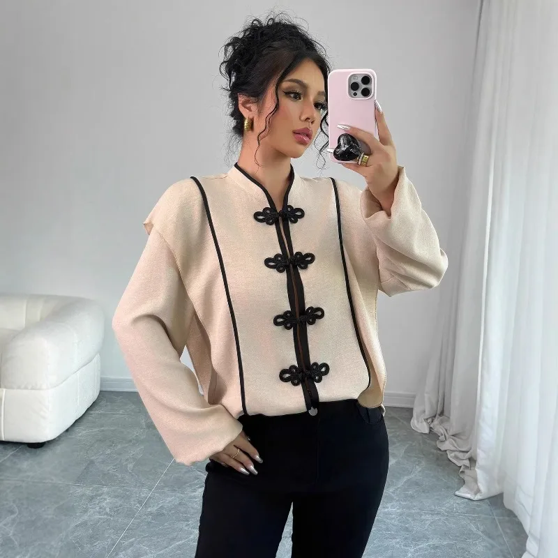 

The New Cross-border Women Shirt Europe America Features Chinese Knot Design Long-sleeved Ethnic Style Which Casual Fashionable